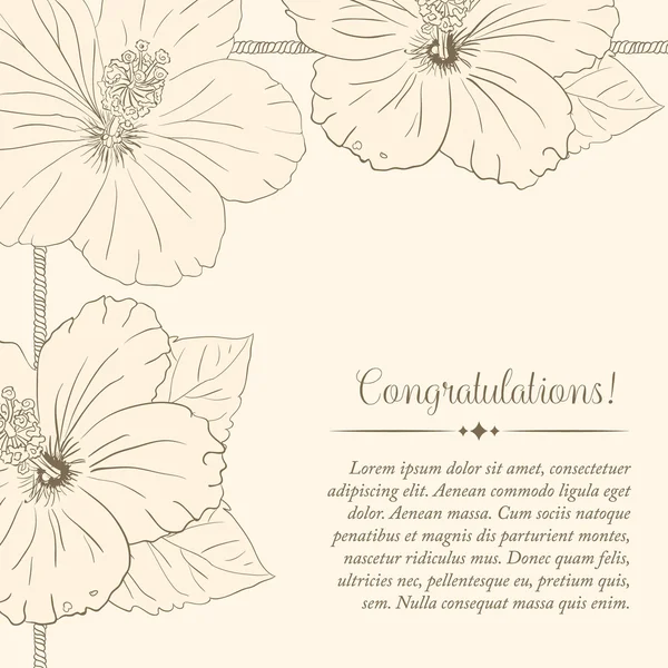 Grattis kort formgivningsmall med hibiscus blommor. Vektor illustration. — Stock vektor