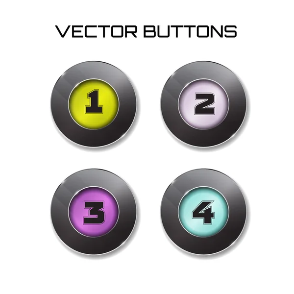 Etikettenset-Vektor. 4 farbige Tasten mit Glasüberzug. Symbole. — Stockvektor