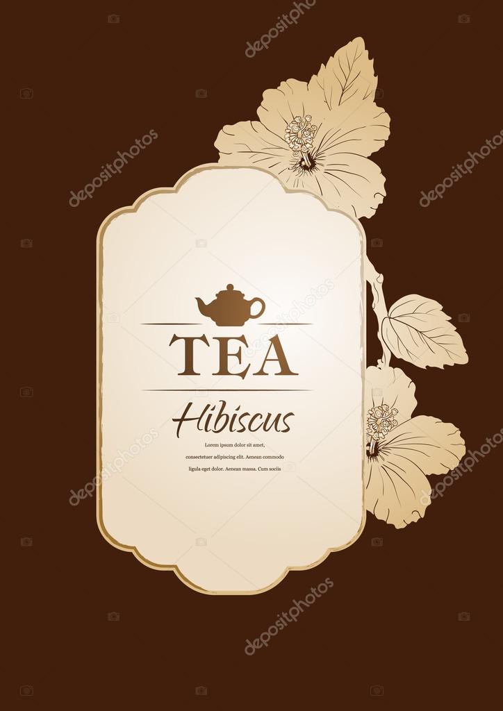 Vector illustration. Chinese Rose. template packaging tea, label, banner, poster, identity, branding. Hand drawn. teapot with hibiscus. Stylish design for herb red tea. karkade
