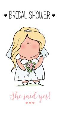 doodle karakteri. sevimli gelin. Gelin duş partisi için romantik bir duyuru. tarzı davet veya tebrik kartı.
