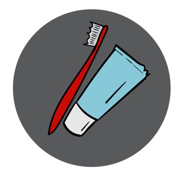 Diş macunu ve diş fırçası tüpü. beyaz arka planda yalıtılmış yuvarlak simge. Vektör