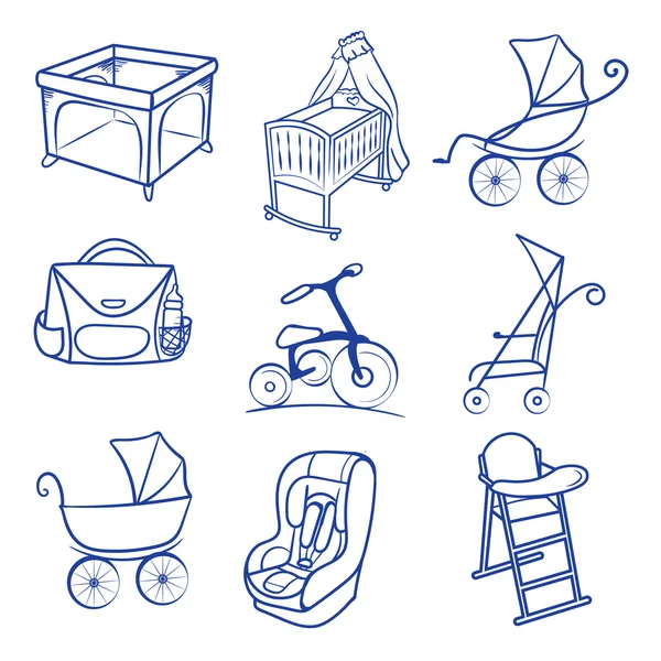 Baby bilbarnstol, PRAM, väska, vagga, vagn, lekhage ikoner — Stock vektor