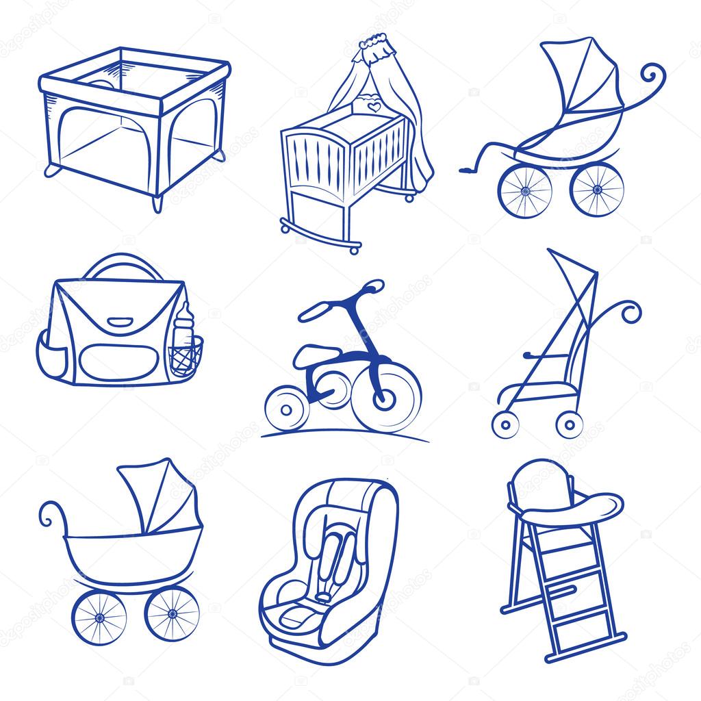 Baby car seat, pram, bag, cradle, carriage, playpen icons