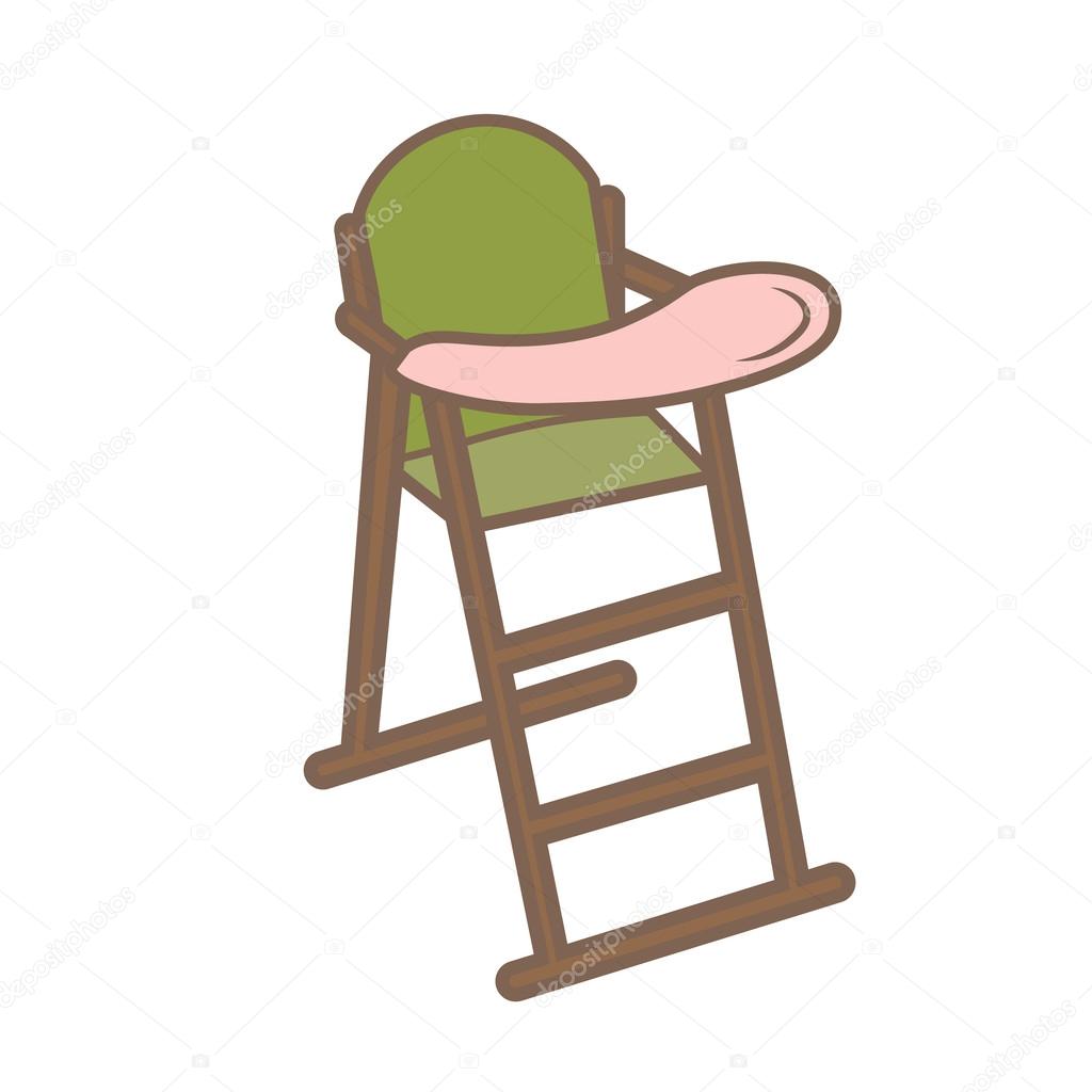Vector illustration green baby chair for feeding. High wooden .