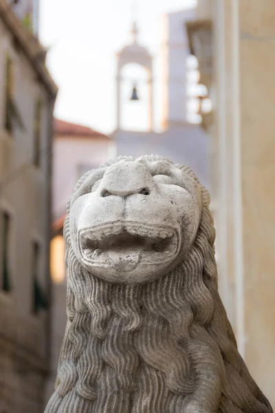 在克罗地亚伊贝尼克大教堂的立面上雕刻狮子头 — 图库照片