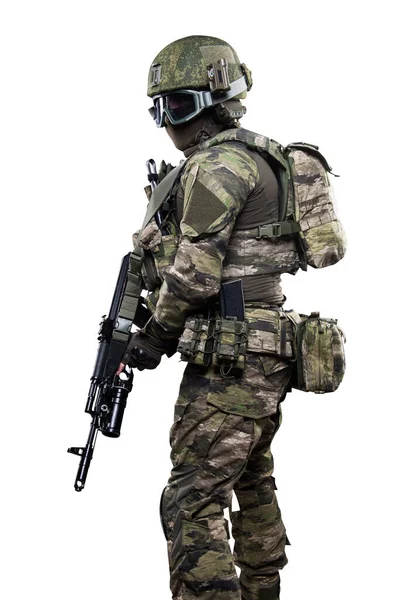Mannelijke Soldaat Camouflagepak Studio Neergeschoten Geïsoleerd Met Clipping Pad Witte Stockfoto