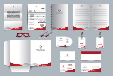 Şirket Markası Kimlik Tasarımı seti. İş kırtasiye malzemeleri şablonu. Letterhead, Invoice, Notebook cover, yıllık rapor kapağı, CD Case, ID Card, Business Card üzerindeki soyut geometrik grafikler.