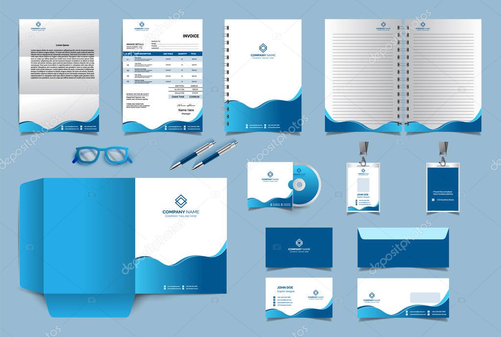 Corporate identity branding design template. Premium Stationery design set. Most popular Vector Template for business or finance companies. Invoice, Folder, Letterhead, notebook, business card, envelope