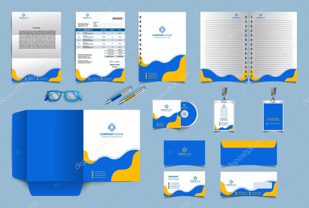 Corporate identity branding design template. Premium Stationery design set. Most popular Vector Template for business or finance companies. Invoice, Folder, Letterhead, notebook, business card, envelope