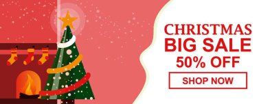 Şömine temalı Noel indirimi konsepti, Noel ağacı ve Noel süslemeleri. Noel günü için vektör illüstrasyonu. Boş Vektörler