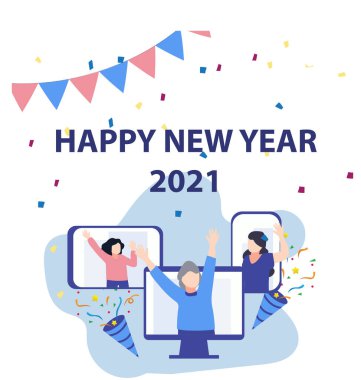 Yeni yıl 2021 çevrimiçi partisi. 2021 yılını kutlayan insanlar, görüntülü sohbette mutlu arkadaşlar..