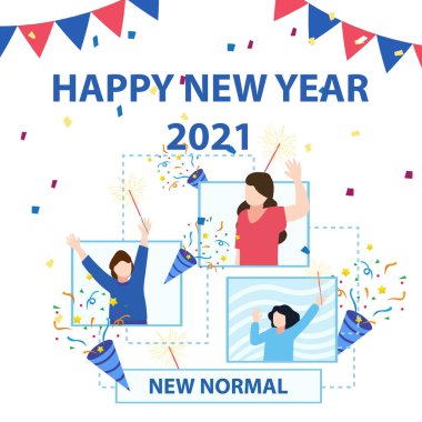 Yeni yıl 2021 çevrimiçi partisi. 2021 yılını kutlayan insanlar, görüntülü sohbette mutlu arkadaşlar..
