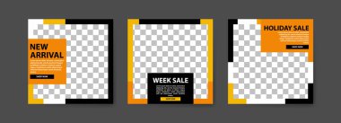 Düzenlenebilir Sosyal medya gönderme şablonları. Çizgili çizgili siyah ve sarı arkaplan rengi. Moda reklamcılığı. Sosyal medya afişleri teklif et. vektör fotoğraf çerçevesi örnekleme