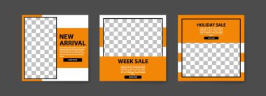 Düzenlenebilir Sosyal medya gönderme şablonları. Çizgili çizgili siyah ve sarı arkaplan rengi. Moda reklamcılığı. Sosyal medya afişleri teklif et. vektör fotoğraf çerçevesi örnekleme