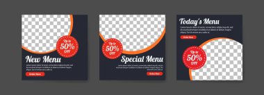 Sosyal medya dijital pazarlama ve gıda satış promosyonu için şablonlar yayınlıyor. Aşçılık reklamı. Sosyal medya afişleri teklif et. vektör fotoğraf çerçevesi örnekleme