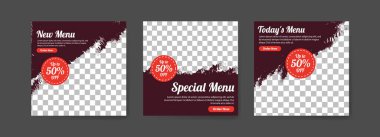 Sosyal medya dijital pazarlama ve gıda satış promosyonu için şablonlar yayınlıyor. Aşçılık reklamı. Sosyal medya afişleri teklif et. vektör fotoğraf çerçevesi örnekleme