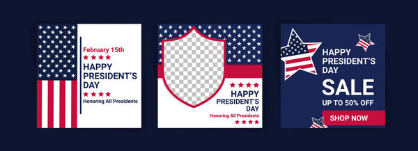 Поздравительная открытка на День Президента США с национальным флагом Соединенных Штатов Америки. Шаблоны: Социальные медиа на День президента США.