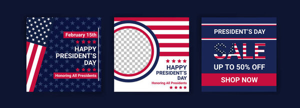 Поздравительная открытка на День Президента США с национальным флагом Соединенных Штатов Америки. Шаблоны: Социальные медиа на День президента США.