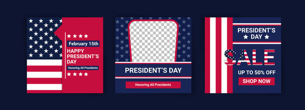 Поздравительная открытка на День Президента США с национальным флагом Соединенных Штатов Америки. Шаблоны: Социальные медиа на День президента США.