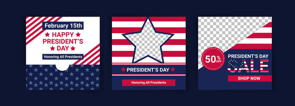Поздравительная открытка на День Президента США с национальным флагом Соединенных Штатов Америки. Шаблоны: Социальные медиа на День президента США.