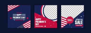 Amerika Birleşik Devletleri bayrağıyla birlikte ABD Başkanları Günü tebrik kartı sergilendi. ABD başkanları günü için sosyal medya şablonları.