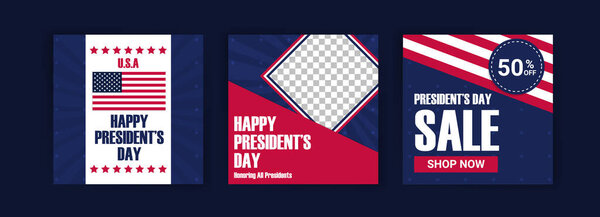Поздравительная открытка на День Президента США с национальным флагом Соединенных Штатов Америки. Шаблоны: Социальные медиа на День президента США.