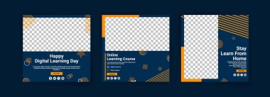 Dijital öğrenme günün kutlu olsun. Çevrimiçi kurslar ve dersler. Sosyal medya dijital pazarlama ve tanıtım şablonları yayınlıyor. Webinarlar için reklamlar. Evde bile çalışmaya devam et..