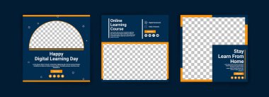 Dijital öğrenme günün kutlu olsun. Çevrimiçi kurslar ve dersler. Sosyal medya dijital pazarlama ve tanıtım şablonları yayınlıyor. Webinarlar için reklamlar. Evde bile çalışmaya devam et..
