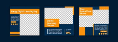 Dijital öğrenme günün kutlu olsun. Çevrimiçi kurslar ve dersler. Sosyal medya dijital pazarlama ve tanıtım şablonları yayınlıyor. Webinarlar için reklamlar. Evde bile çalışmaya devam et..