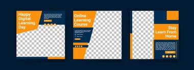 Dijital öğrenme günün kutlu olsun. Çevrimiçi kurslar ve dersler. Sosyal medya dijital pazarlama ve tanıtım şablonları yayınlıyor. Webinarlar için reklamlar. Evde bile çalışmaya devam et..