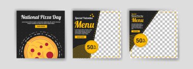Ulusal Pizza Günü. Sosyal medya, Sevgililer Günü 'nde dijital pazarlama ve gıda ve içecek satışlarının tanıtımı için bir şablon yayınladı. Mutfak reklamı. Sosyal medya pankartları teklif et.