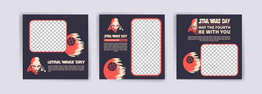 Yıldız Savaşları Günü. Yıldız Savaşları Günü için sosyal medya şablonları. Sosyal medya reklamları, web reklamları, iş mesajları, indirim broşürleri ve büyük satış afişleri için pankart vektörü.