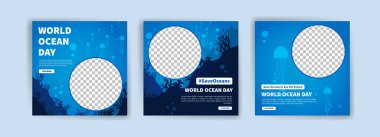 Dünya Okyanus Günü. Okyanusları korumanın önemi üzerine eğitim. Sosyal medya reklamları, web reklamları, iş mesajları, indirim broşürleri ve büyük satış afişleri için pankart vektörü.
