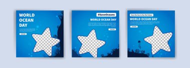 Dünya Okyanus Günü. Okyanusları korumanın önemi üzerine eğitim. Sosyal medya reklamları, web reklamları, iş mesajları, indirim broşürleri ve büyük satış afişleri için pankart vektörü.