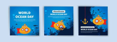 Dünya Okyanus Günü. Okyanusları korumanın önemi üzerine eğitim. Sosyal medya reklamları, web reklamları, iş mesajları, indirim broşürleri ve büyük satış afişleri için pankart vektörü.