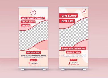 Dünya Kan Bağışı Günü. Pankartı sarın. Standee afiş tasarımı. Modern afiş. Düzenlenebilir şablon.