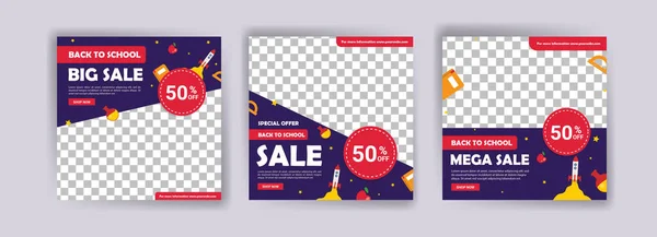 Okula dönelim. Okul satışına geri dönüyoruz. Sosyal medya reklamları, web reklamları, kartpostal, iş mesajları, indirimli broşürler ve büyük satış afişleri için pankart.