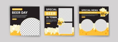Uluslararası Bira Günü. Sosyal medya dijital pazarlama ve gıda ve içecek satışlarının tanıtımı için bir şablon yayınladı. Mutfak reklamı. Sosyal medya pankartları teklif et.