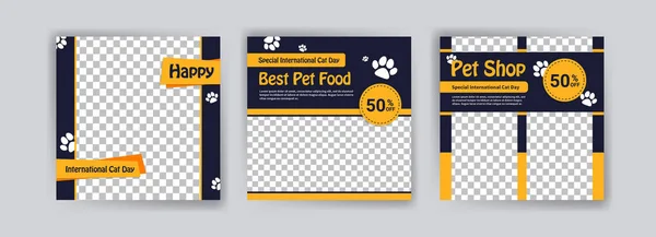 Uluslararası Kedi Günü. Evcil hayvan dükkanının pankart şablonu. Sosyal medya reklamları, web reklamları, iş mesajları, indirimli broşürler ve büyük satış afişleri için tanıtım afişi.