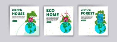 Yeşil ev. Çevre dostu ev. Dikey orman. Web sitesi, sosyal medya paylaşımları, kartpostallar, kartpostallar ve arkaplanlar için ekoloji afişleri.