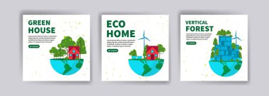 Yeşil ev. Çevre dostu ev. Dikey orman. Web sitesi, sosyal medya paylaşımları, kartpostallar, kartpostallar ve arkaplanlar için ekoloji afişleri.