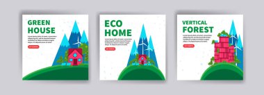 Yeşil ev. Çevre dostu ev. Dikey orman. Web sitesi, sosyal medya paylaşımları, kartpostallar, kartpostallar ve arkaplanlar için ekoloji afişleri.