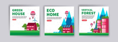 Yeşil ev. Çevre dostu ev. Dikey orman. Web sitesi, sosyal medya paylaşımları, kartpostallar, kartpostallar ve arkaplanlar için ekoloji afişleri.