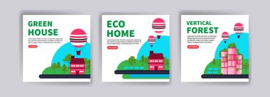 Yeşil ev. Çevre dostu ev. Dikey orman. Web sitesi, sosyal medya paylaşımları, kartpostallar, kartpostallar ve arkaplanlar için ekoloji afişleri.