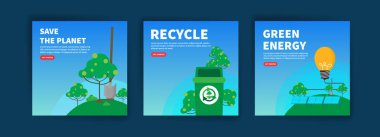 Gezegeni kurtar. Geri dönüşüm. Yeşil enerji. Web sitesi, sosyal medya paylaşımları, kartpostallar, kartpostallar ve arkaplanlar için ekoloji afişleri.