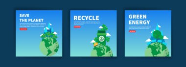 Gezegeni kurtar. Geri dönüşüm. Yeşil enerji. Web sitesi, sosyal medya paylaşımları, kartpostallar, kartpostallar ve arkaplanlar için ekoloji afişleri.