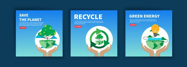 Gezegeni kurtar. Geri dönüşüm. Yeşil enerji. Web sitesi, sosyal medya paylaşımları, kartpostallar, kartpostallar ve arkaplanlar için ekoloji afişleri.