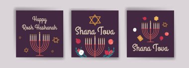 Mutlu Rosh hashanah. Shana tova. Sosyal medya iletileri, kartpostallar, tebrik kartları ve posterler için vektör pankartları.