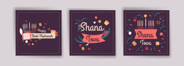 Mutlu Rosh hashanah. Shana tova. Sosyal medya iletileri, kartpostallar, tebrik kartları ve posterler için vektör pankartları.