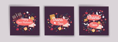Mutlu Rosh hashanah. Shana tova. Sosyal medya iletileri, kartpostallar, tebrik kartları ve posterler için vektör pankartları.